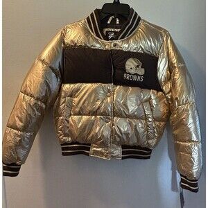 Cleveland Browns Gold Puffer Jacket Women S Bomber Metallic NFL Cropped Varsity